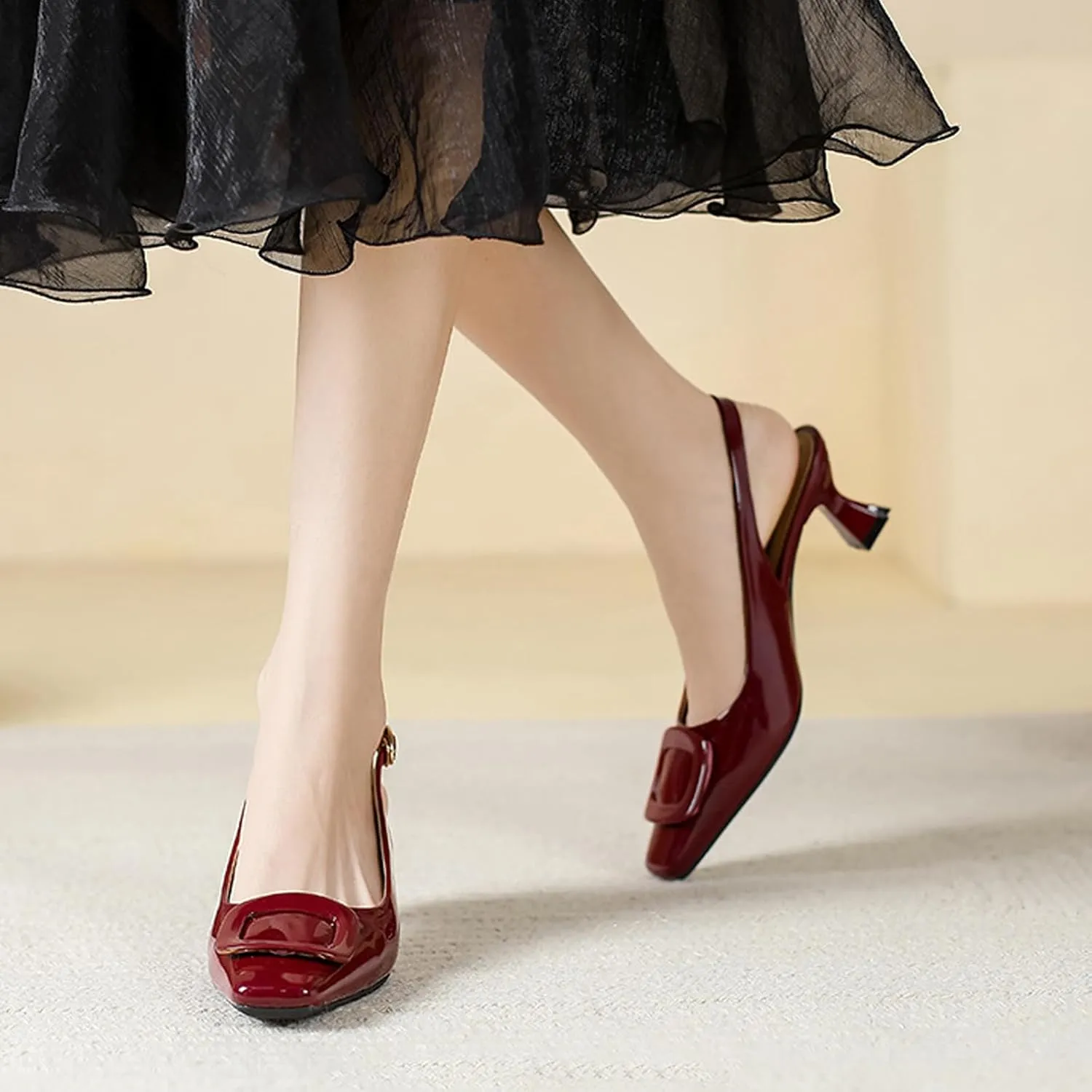 Aceptolcom Women's Slingback Kitten Low Heels Pumps Closed Square Toe Wedding Work Dress Shoes