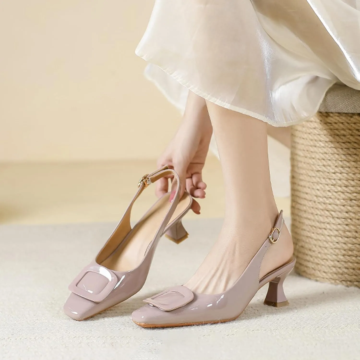 Aceptolcom Women's Slingback Kitten Low Heels Pumps Closed Square Toe Wedding Work Dress Shoes