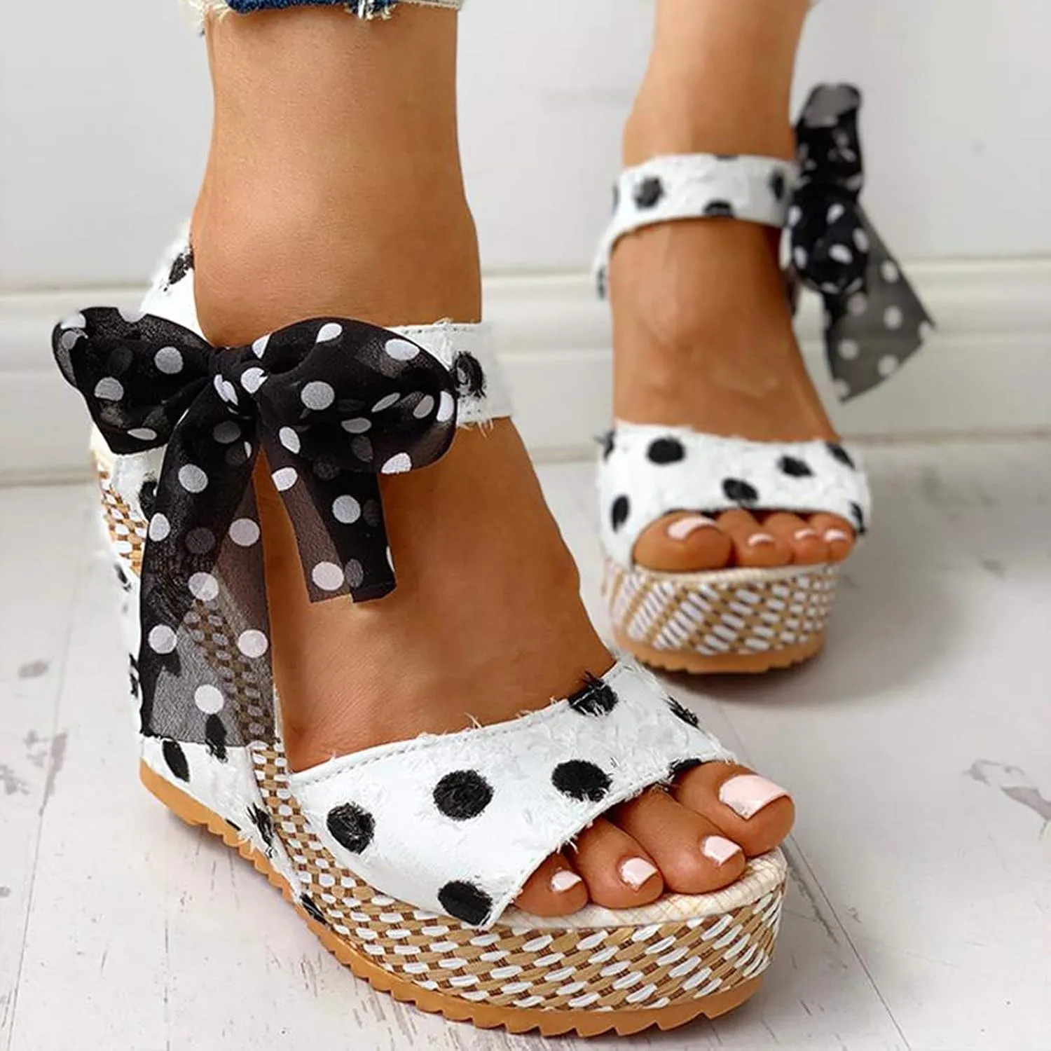 Aniywn Women Espadrilles Platform Wedges Heel Lace Up Sandals Elegant Floral Classic Ankle Strap Shoes