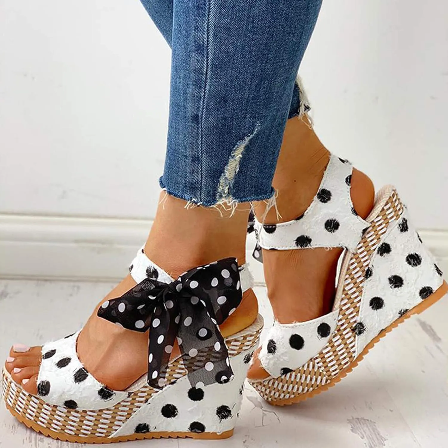 Aniywn Women Espadrilles Platform Wedges Heel Lace Up Sandals Elegant Floral Classic Ankle Strap Shoes