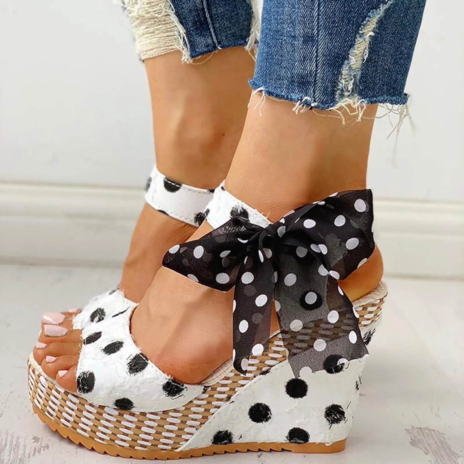 Aniywn Women Espadrilles Platform Wedges Heel Lace Up Sandals Elegant Floral Classic Ankle Strap Shoes