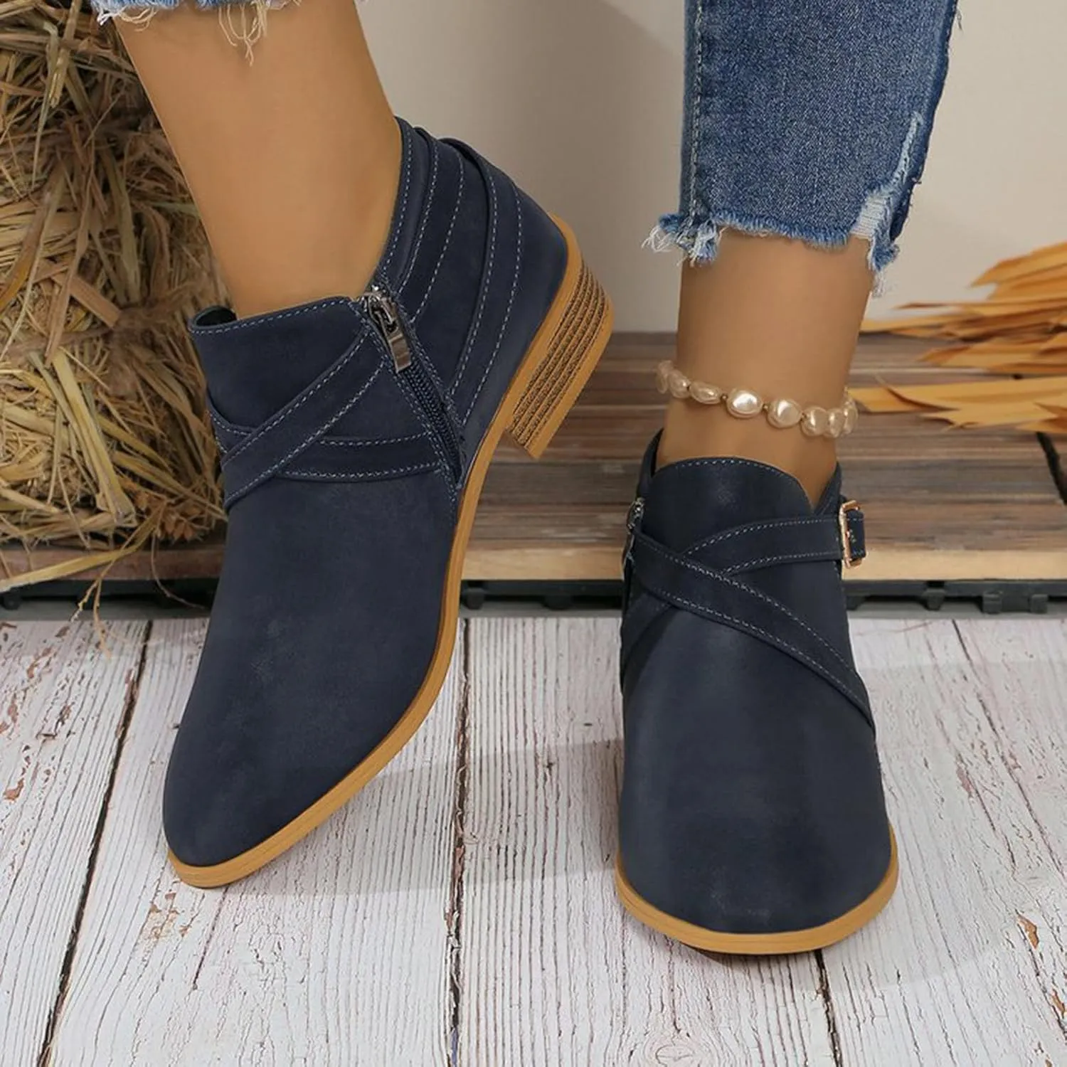 Ankle Boots for Women Low Heel Pointed Toe Leather Dressy Comfort Slip on Fall Winter Short Boots Side Zipper Wide Width Booties for Women Ladies Boots