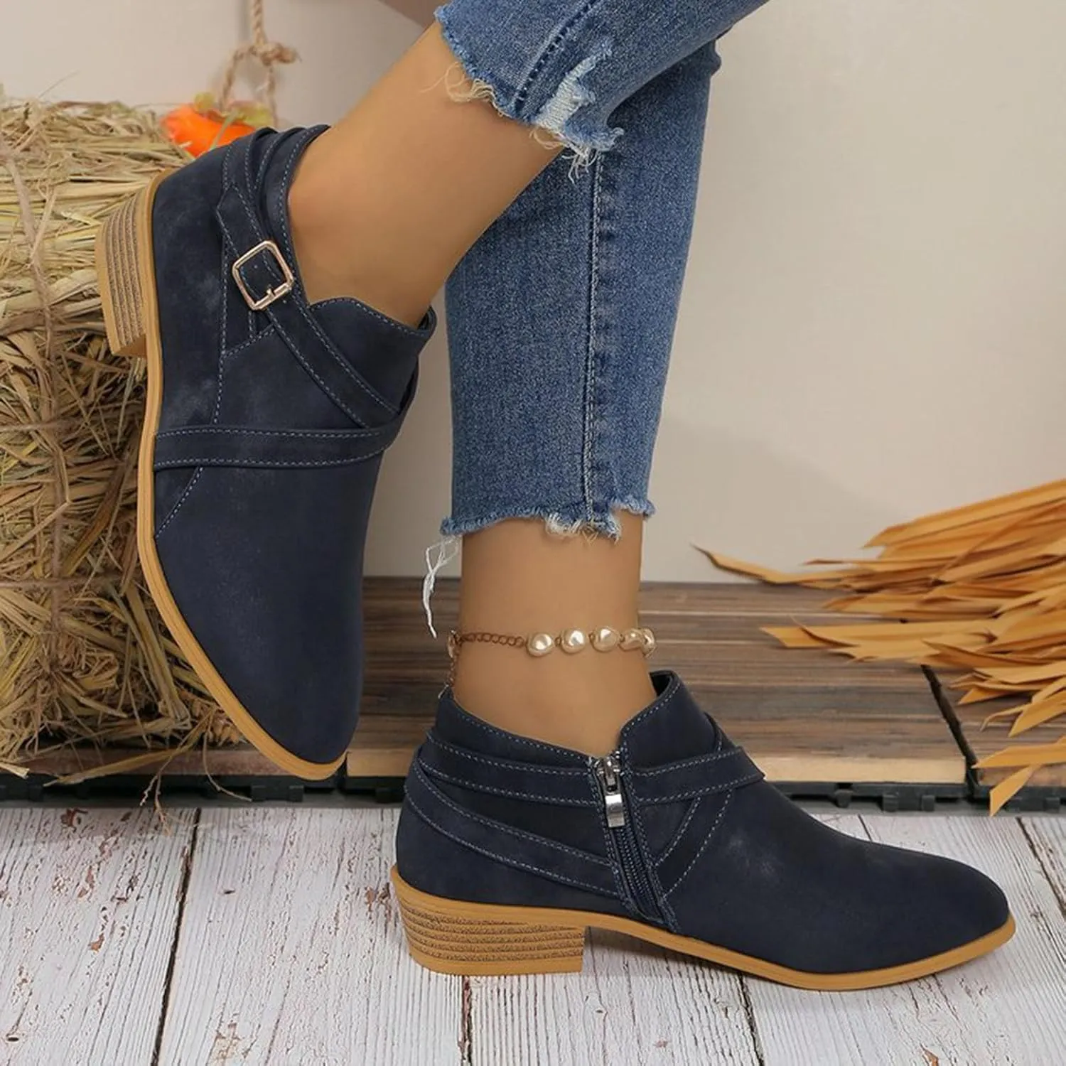 Ankle Boots for Women Low Heel Pointed Toe Leather Dressy Comfort Slip on Fall Winter Short Boots Side Zipper Wide Width Booties for Women Ladies Boots