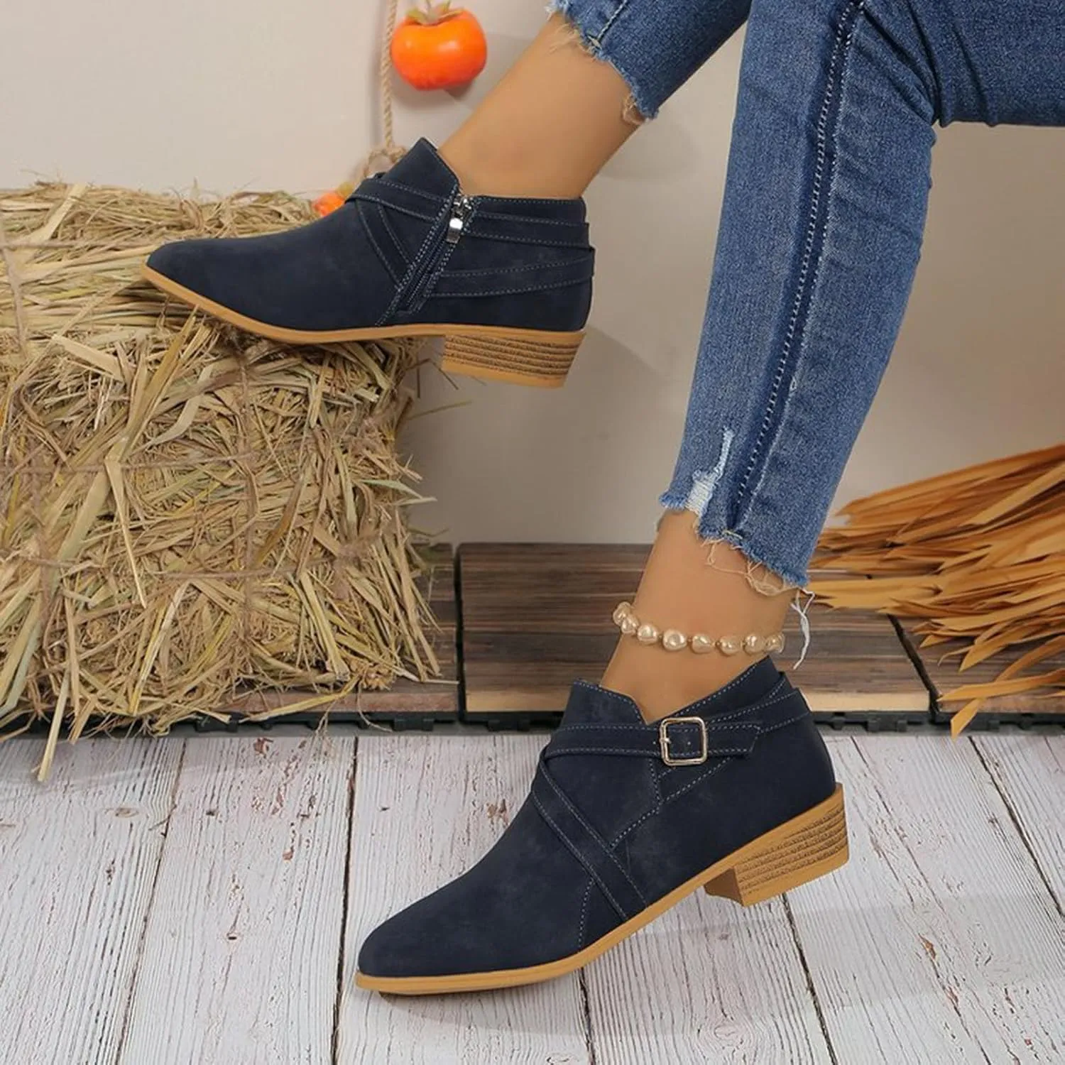 Ankle Boots for Women Low Heel Pointed Toe Leather Dressy Comfort Slip on Fall Winter Short Boots Side Zipper Wide Width Booties for Women Ladies Boots