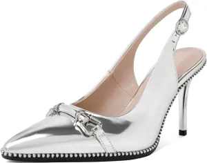 AUMOTED Women Beaded Pumps Slingback High Heel Stilettos Pointed Toe Shoes Slip On 3.5 Inch Ankle Strap Adjustable Patent Leather US Size 5-13