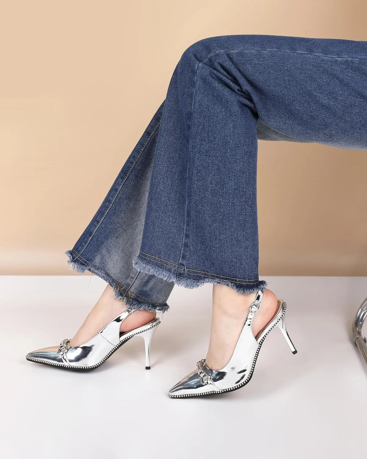 AUMOTED Women Beaded Pumps Slingback High Heel Stilettos Pointed Toe Shoes Slip On 3.5 Inch Ankle Strap Adjustable Patent Leather US Size 5-13