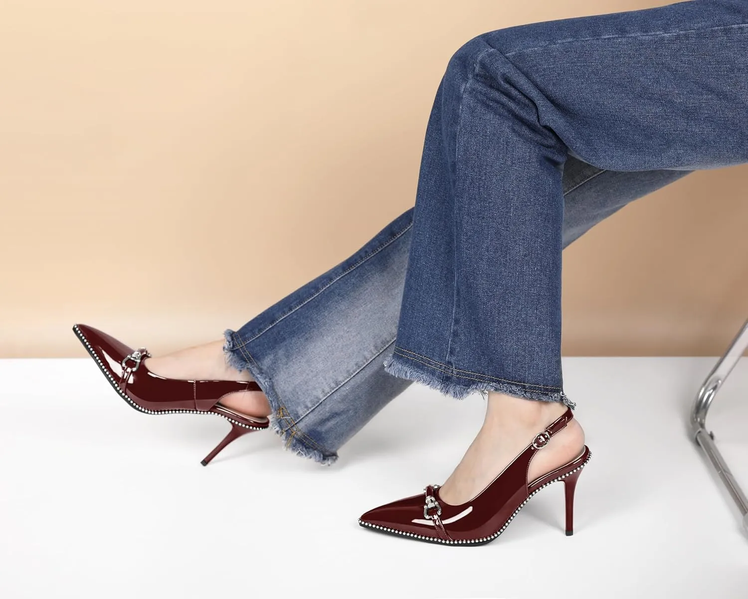 AUMOTED Women Beaded Pumps Slingback High Heel Stilettos Pointed Toe Shoes Slip On 3.5 Inch Ankle Strap Adjustable Patent Leather US Size 5-13