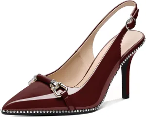 AUMOTED Women Beaded Pumps Slingback High Heel Stilettos Pointed Toe Shoes Slip On 3.5 Inch Ankle Strap Adjustable Patent Leather US Size 5-13