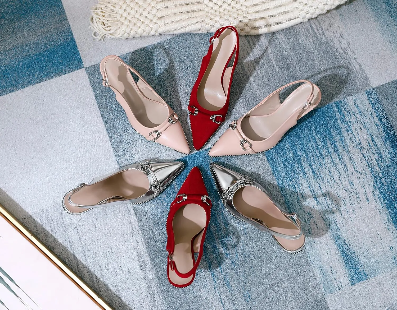 AUMOTED Women Beaded Pumps Slingback High Heel Stilettos Pointed Toe Shoes Slip On 3.5 Inch Ankle Strap Adjustable Patent Leather US Size 5-13