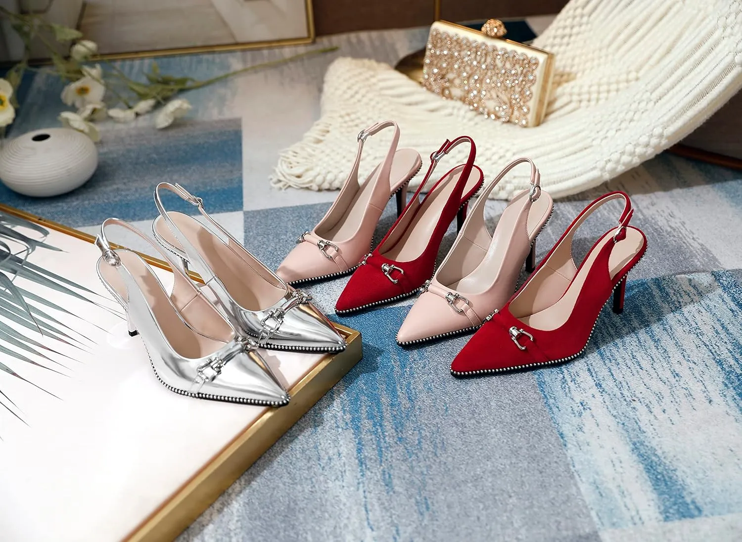 AUMOTED Women Beaded Pumps Slingback High Heel Stilettos Pointed Toe Shoes Slip On 3.5 Inch Ankle Strap Adjustable Patent Leather US Size 5-13