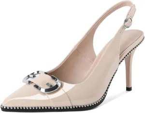 AUMOTED Women Slingback Heels Stilettos High Heel Beaded Pumps Pointed Toe 3.5 Inch Heels
