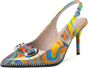 AUMOTED Women Slingback Heels Stilettos High Heel Beaded Pumps Pointed Toe 3.5 Inch Heels