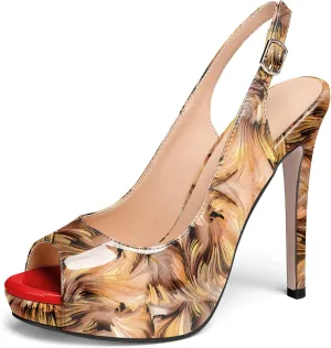 AUMOTED Women's High Heel Slingback Pumps Stilettos High Heels Patent Slingback Pumps Solid Peep Toe Platform Stilettos Pumps Dating Party Dress Shoes 4.7 Inch