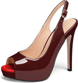 AUMOTED Women's High Heel Slingback Pumps Stilettos High Heels Patent Slingback Pumps Solid Peep Toe Platform Stilettos Pumps Dating Party Dress Shoes 4.7 Inch
