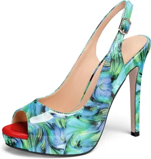 AUMOTED Women's High Heel Slingback Pumps Stilettos High Heels Patent Slingback Pumps Solid Peep Toe Platform Stilettos Pumps Dating Party Dress Shoes 4.7 Inch
