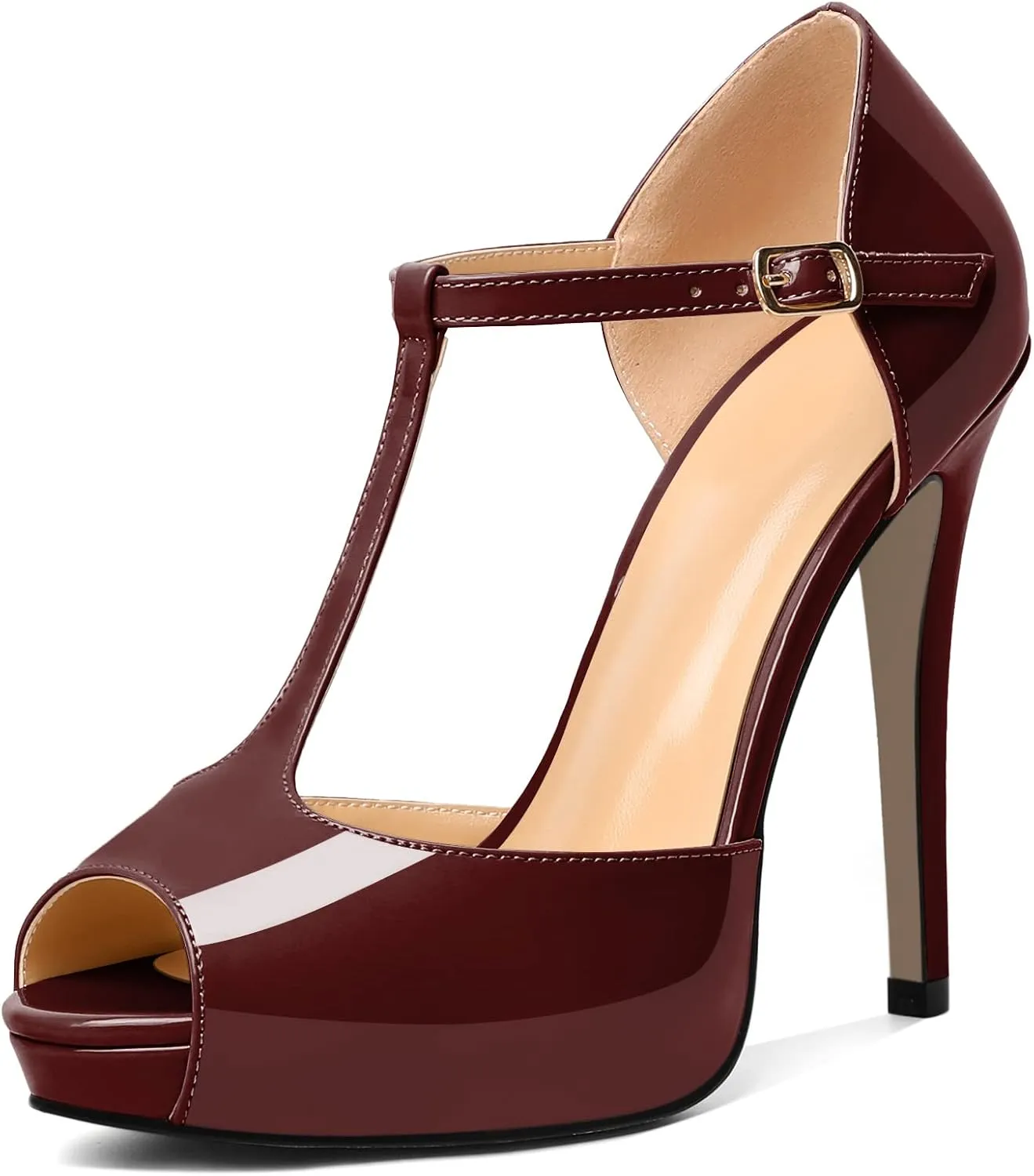 AUMOTED Women's High Heel Stiletto Shoes Platform Heel Peep Open Toe Sandals T-Strap Heeled Sandals Buckle Wedding Dress 4.7 Inch Sandals Heels