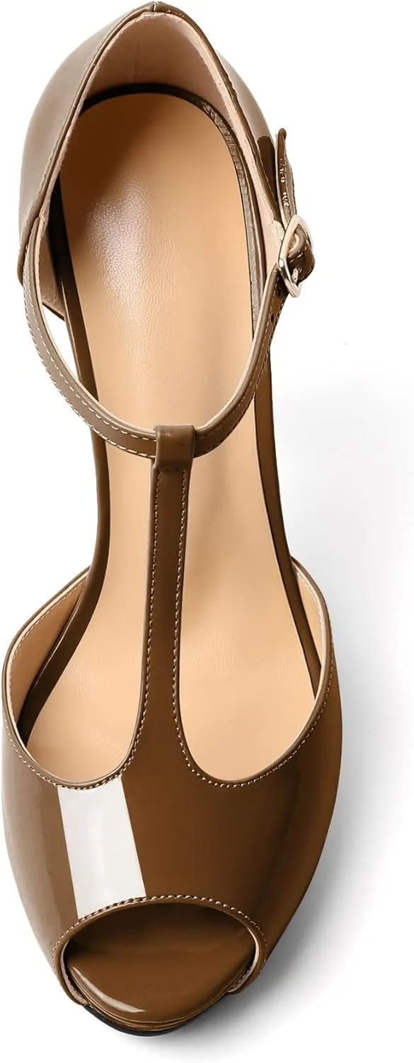 AUMOTED Women's High Heel Stiletto Shoes Platform Heel Peep Open Toe Sandals T-Strap Heeled Sandals Buckle Wedding Dress 4.7 Inch Sandals Heels