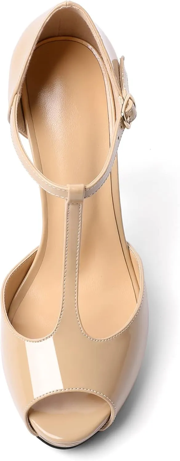 AUMOTED Women's High Heel Stiletto Shoes Platform Heel Peep Open Toe Sandals T-Strap Heeled Sandals Buckle Wedding Dress 4.7 Inch Sandals Heels