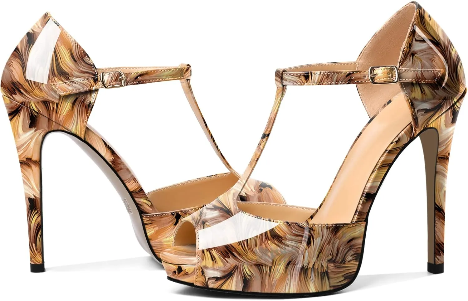 AUMOTED Women's High Heel Stiletto Shoes Platform Heel Peep Open Toe Sandals T-Strap Heeled Sandals Buckle Wedding Dress 4.7 Inch Sandals Heels