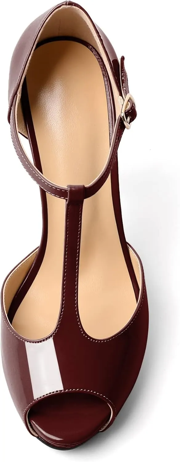AUMOTED Women's High Heel Stiletto Shoes Platform Heel Peep Open Toe Sandals T-Strap Heeled Sandals Buckle Wedding Dress 4.7 Inch Sandals Heels