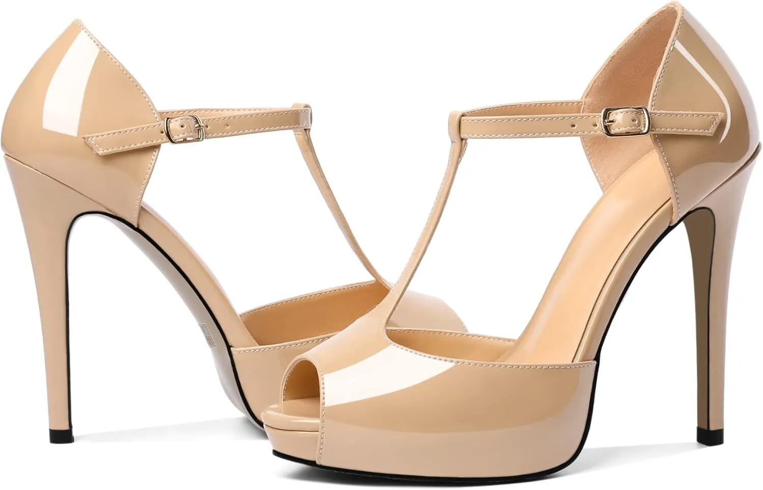 AUMOTED Women's High Heel Stiletto Shoes Platform Heel Peep Open Toe Sandals T-Strap Heeled Sandals Buckle Wedding Dress 4.7 Inch Sandals Heels
