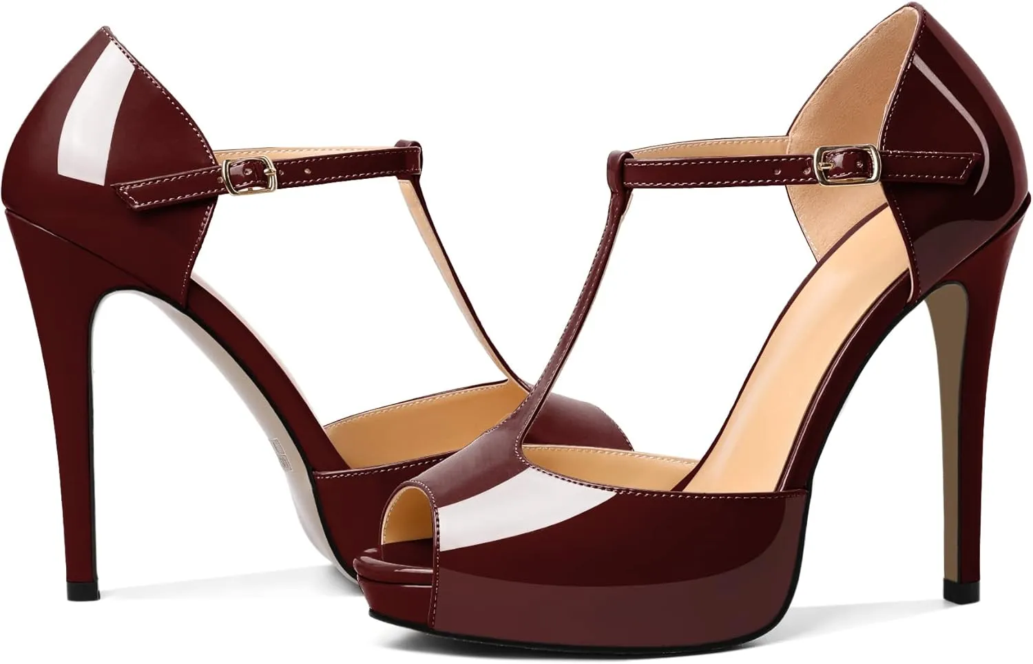 AUMOTED Women's High Heel Stiletto Shoes Platform Heel Peep Open Toe Sandals T-Strap Heeled Sandals Buckle Wedding Dress 4.7 Inch Sandals Heels