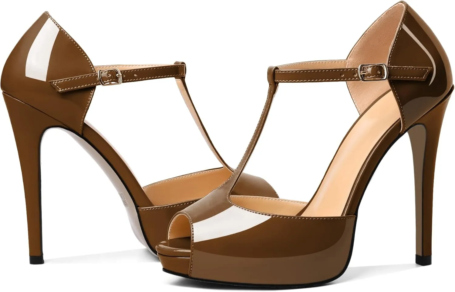 AUMOTED Women's High Heel Stiletto Shoes Platform Heel Peep Open Toe Sandals T-Strap Heeled Sandals Buckle Wedding Dress 4.7 Inch Sandals Heels
