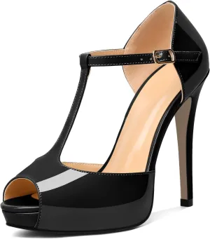 AUMOTED Women's High Heel Stiletto Shoes Platform Heel Peep Open Toe Sandals T-Strap Heeled Sandals Buckle Wedding Dress 4.7 Inch Sandals Heels