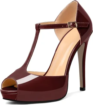 AUMOTED Women's High Heel Stiletto Shoes Platform Heel Peep Open Toe Sandals T-Strap Heeled Sandals Buckle Wedding Dress 4.7 Inch Sandals Heels