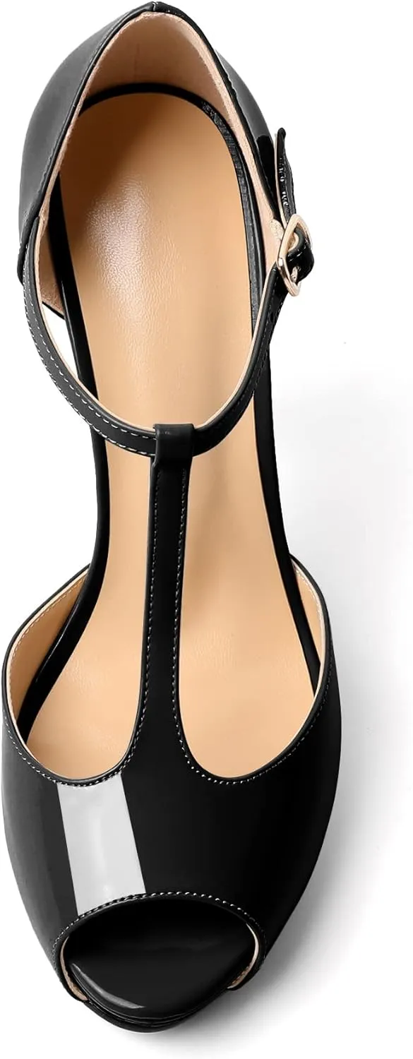 AUMOTED Women's High Heel Stiletto Shoes Platform Heel Peep Open Toe Sandals T-Strap Heeled Sandals Buckle Wedding Dress 4.7 Inch Sandals Heels