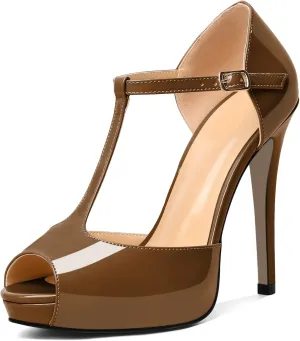 AUMOTED Women's High Heel Stiletto Shoes Platform Heel Peep Open Toe Sandals T-Strap Heeled Sandals Buckle Wedding Dress 4.7 Inch Sandals Heels
