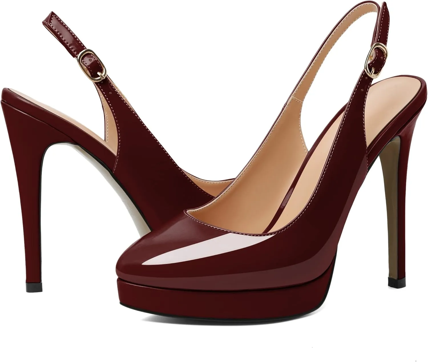 AUMOTED Women's High Heels Slingback Platform Pumps Stilettos Close Pointed Toe Heels Patent Solid Dating Party Dress Shoes 4.7 Inch
