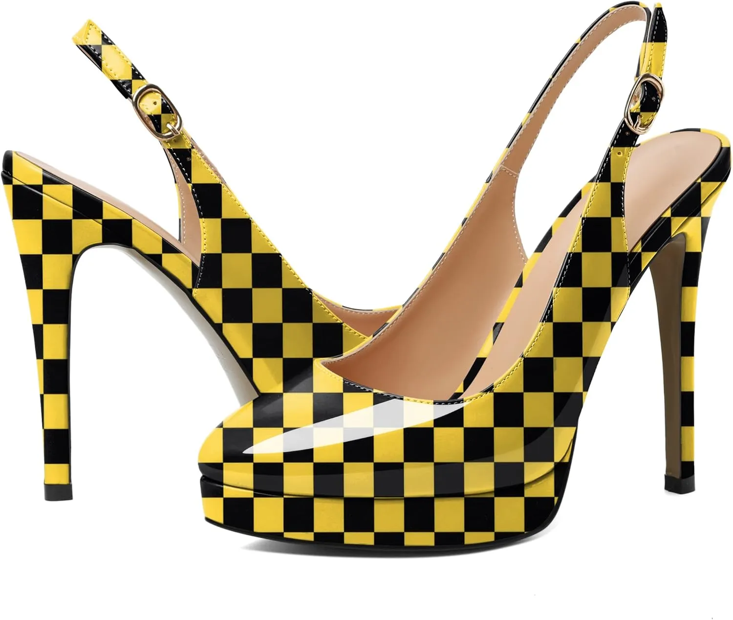 AUMOTED Women's High Heels Slingback Platform Pumps Stilettos Close Pointed Toe Heels Patent Solid Dating Party Dress Shoes 4.7 Inch