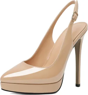 AUMOTED Women's High Heels Slingback Platform Pumps Stilettos Close Pointed Toe Heels Patent Solid Dating Party Dress Shoes 4.7 Inch