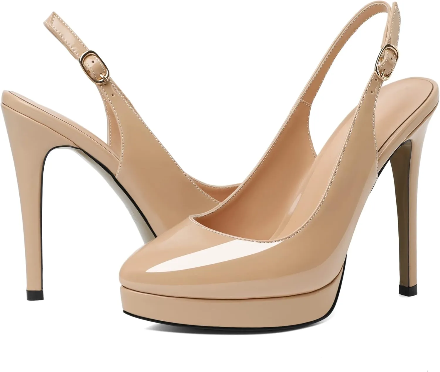 AUMOTED Women's High Heels Slingback Platform Pumps Stilettos Close Pointed Toe Heels Patent Solid Dating Party Dress Shoes 4.7 Inch