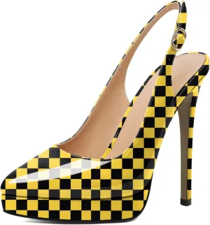 AUMOTED Women's High Heels Slingback Platform Pumps Stilettos Close Pointed Toe Heels Patent Solid Dating Party Dress Shoes 4.7 Inch