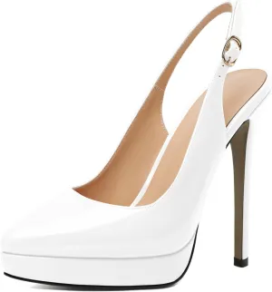 AUMOTED Women's High Heels Slingback Platform Pumps Stilettos Close Pointed Toe Heels Patent Solid Dating Party Dress Shoes 4.7 Inch