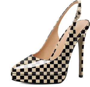 AUMOTED Women's High Heels Slingback Platform Pumps Stilettos Close Pointed Toe Heels Patent Solid Dating Party Dress Shoes 4.7 Inch