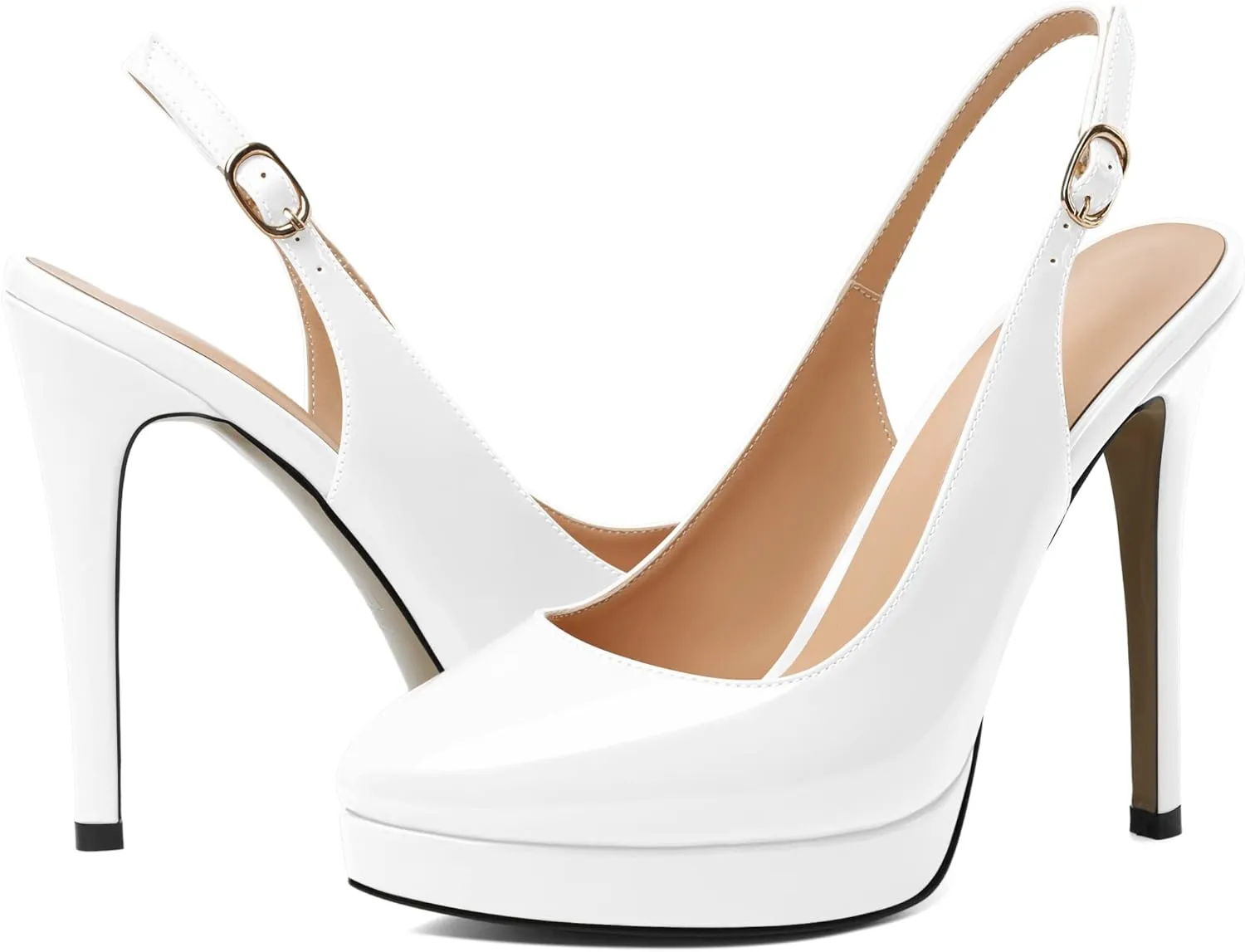 AUMOTED Women's High Heels Slingback Platform Pumps Stilettos Close Pointed Toe Heels Patent Solid Dating Party Dress Shoes 4.7 Inch