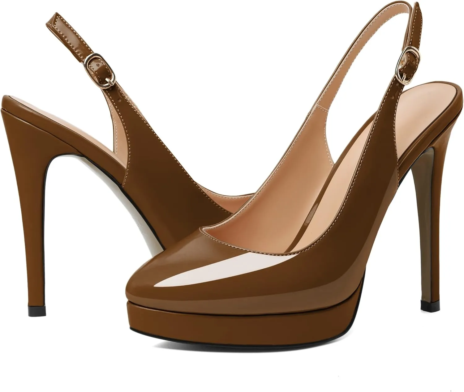 AUMOTED Women's High Heels Slingback Platform Pumps Stilettos Close Pointed Toe Heels Patent Solid Dating Party Dress Shoes 4.7 Inch
