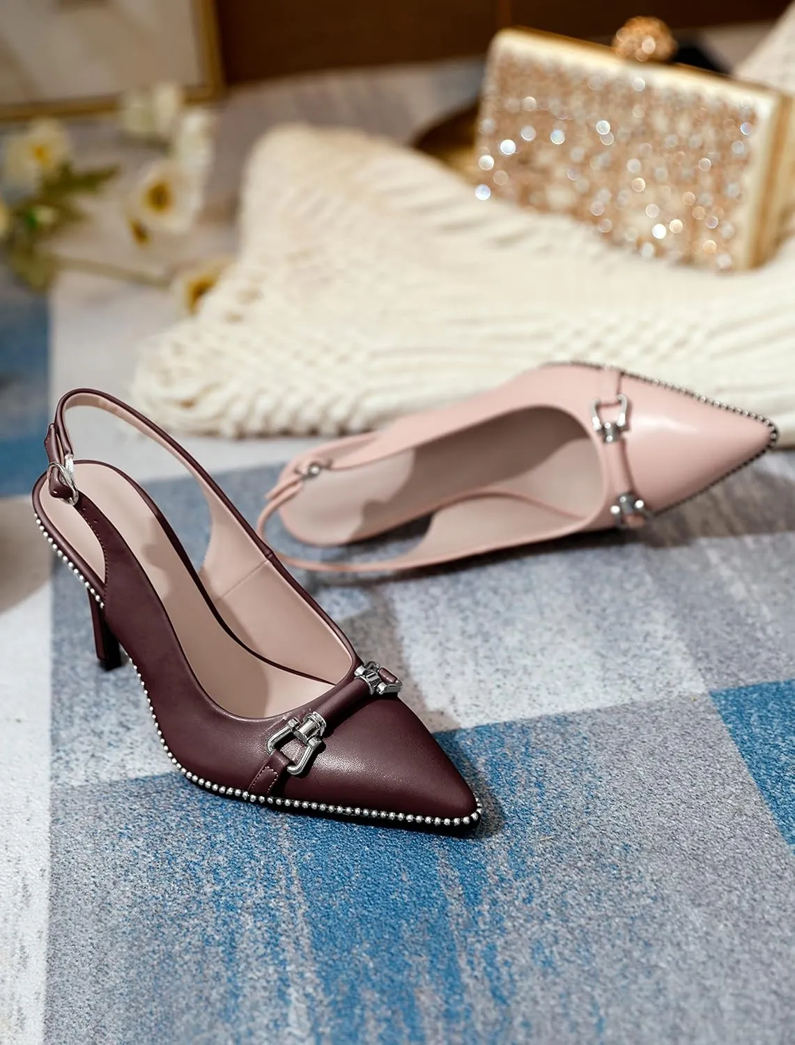 AUMOTED Women's Slingback High Heel Sliver Beaded Pointed Toe Pumps Slip On Stilettos High Heel Ankle Strap Dress Shoes 3.5 Inch