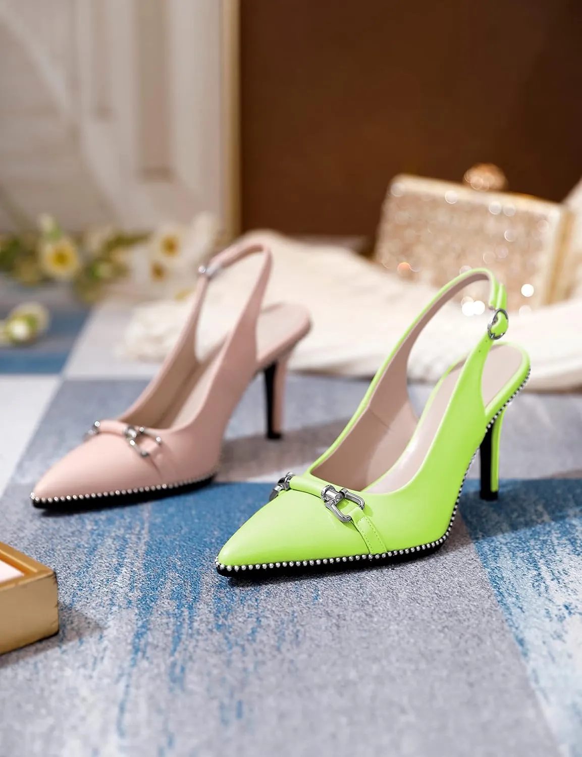 AUMOTED Women's Slingback High Heel Sliver Beaded Pointed Toe Pumps Slip On Stilettos High Heel Ankle Strap Dress Shoes 3.5 Inch