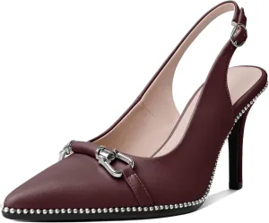 AUMOTED Women's Slingback High Heel Sliver Beaded Pointed Toe Pumps Slip On Stilettos High Heel Ankle Strap Dress Shoes 3.5 Inch