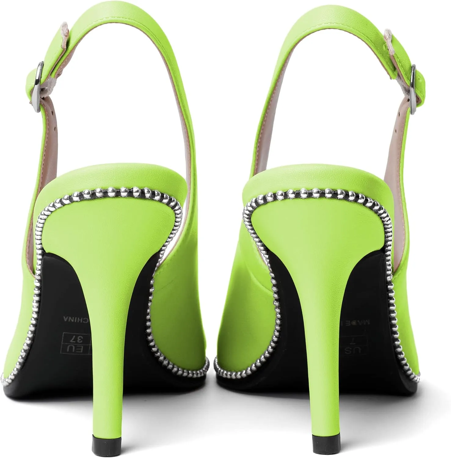 AUMOTED Women's Slingback High Heel Sliver Beaded Pointed Toe Pumps Slip On Stilettos High Heel Ankle Strap Dress Shoes 3.5 Inch