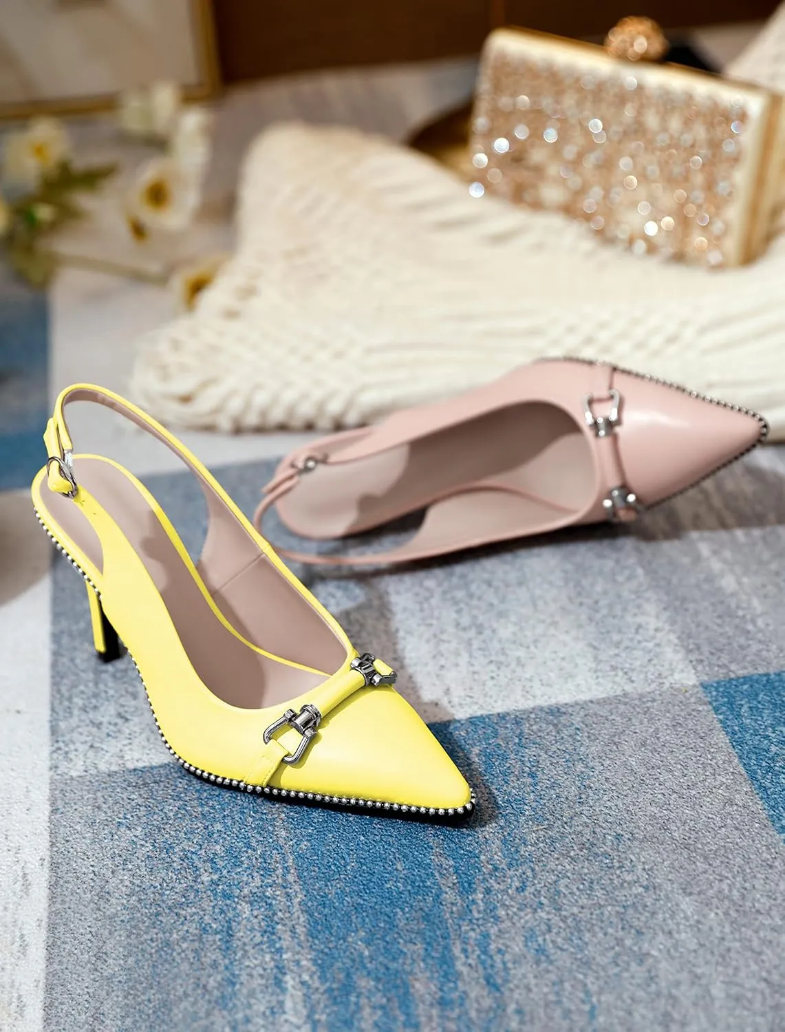 AUMOTED Women's Slingback High Heel Sliver Beaded Pointed Toe Pumps Slip On Stilettos High Heel Ankle Strap Dress Shoes 3.5 Inch