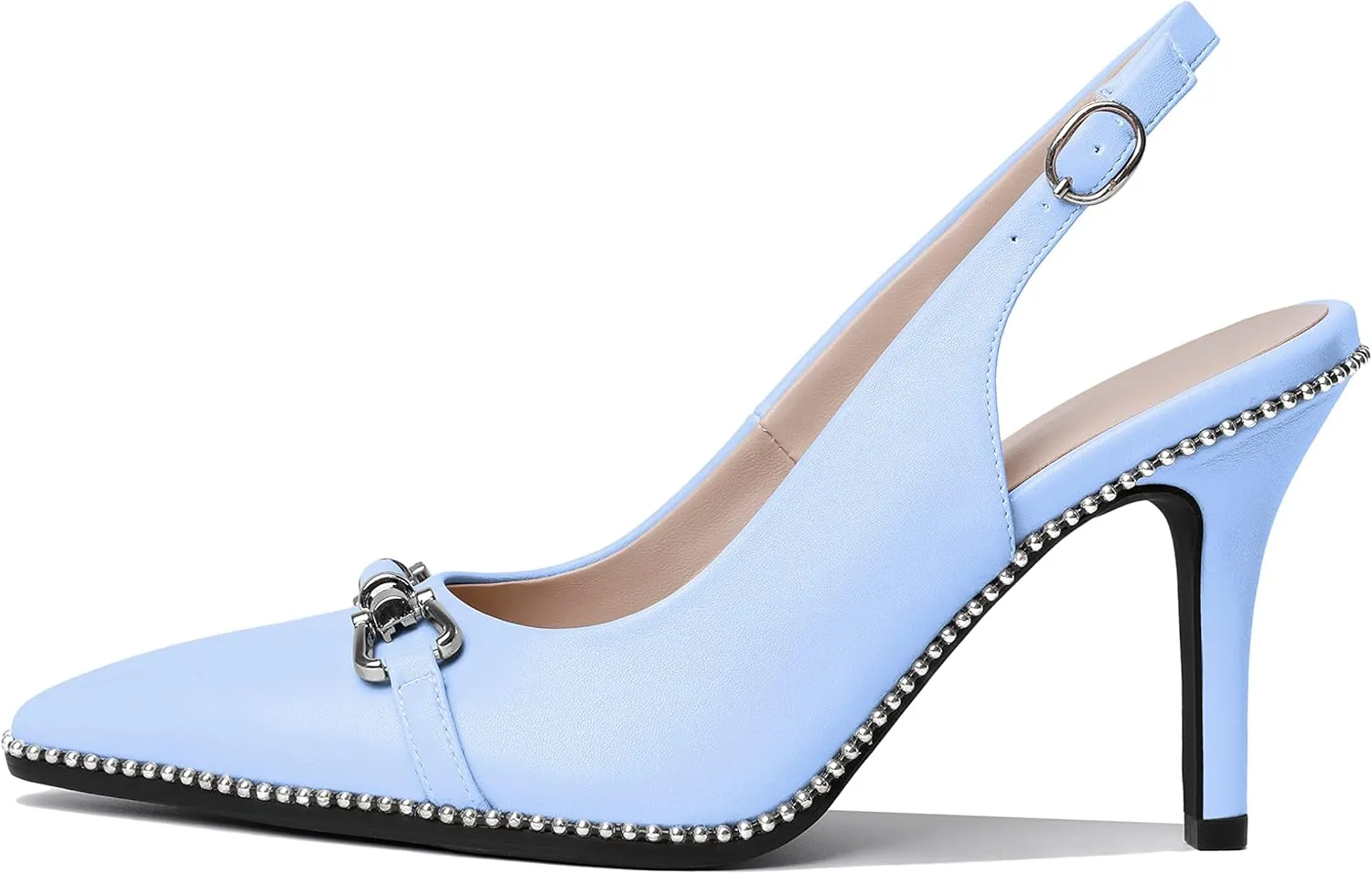 AUMOTED Women's Slingback High Heel Sliver Beaded Pointed Toe Pumps Slip On Stilettos High Heel Ankle Strap Dress Shoes 3.5 Inch