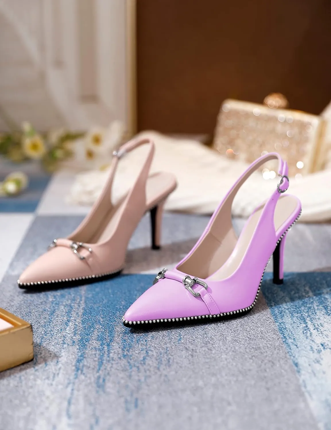 AUMOTED Women's Slingback High Heel Sliver Beaded Pointed Toe Pumps Slip On Stilettos High Heel Ankle Strap Dress Shoes 3.5 Inch