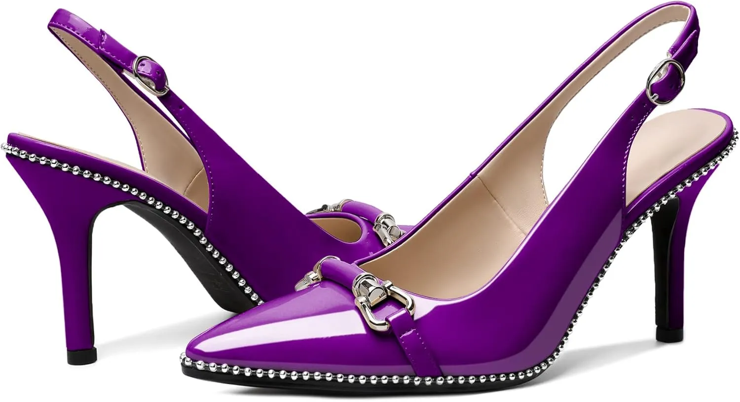 AUMOTED Women's Slingback High Heel Sliver Beaded Pointed Toe Pumps Slip On Stilettos High Heel Ankle Strap Dress Shoes 3.5 Inch