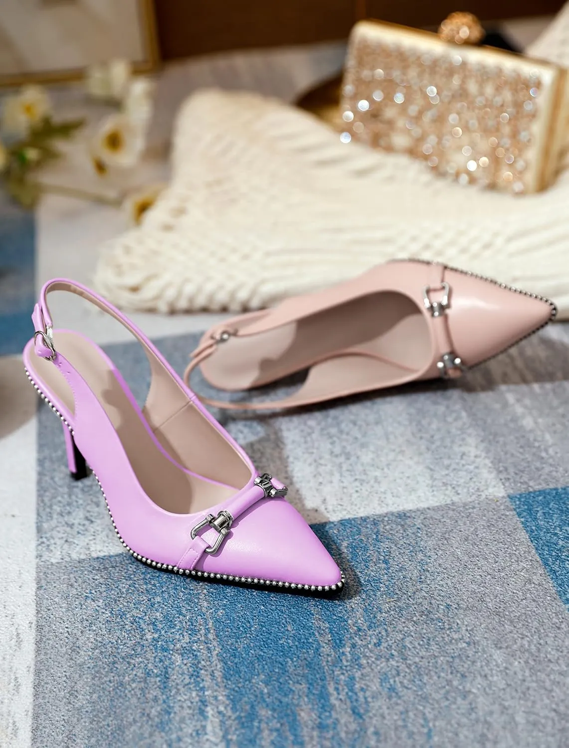 AUMOTED Women's Slingback High Heel Sliver Beaded Pointed Toe Pumps Slip On Stilettos High Heel Ankle Strap Dress Shoes 3.5 Inch