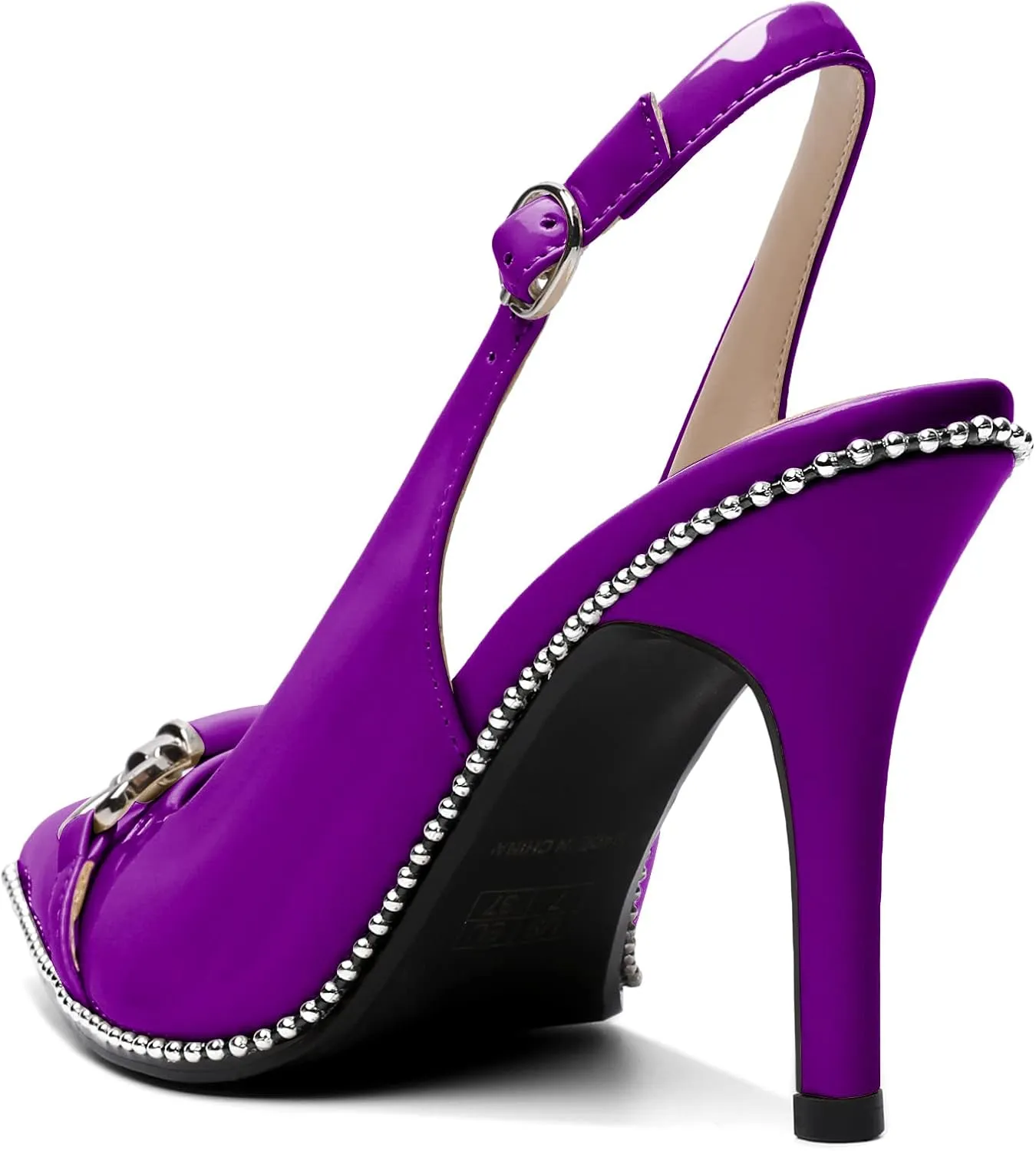 AUMOTED Women's Slingback High Heel Sliver Beaded Pointed Toe Pumps Slip On Stilettos High Heel Ankle Strap Dress Shoes 3.5 Inch
